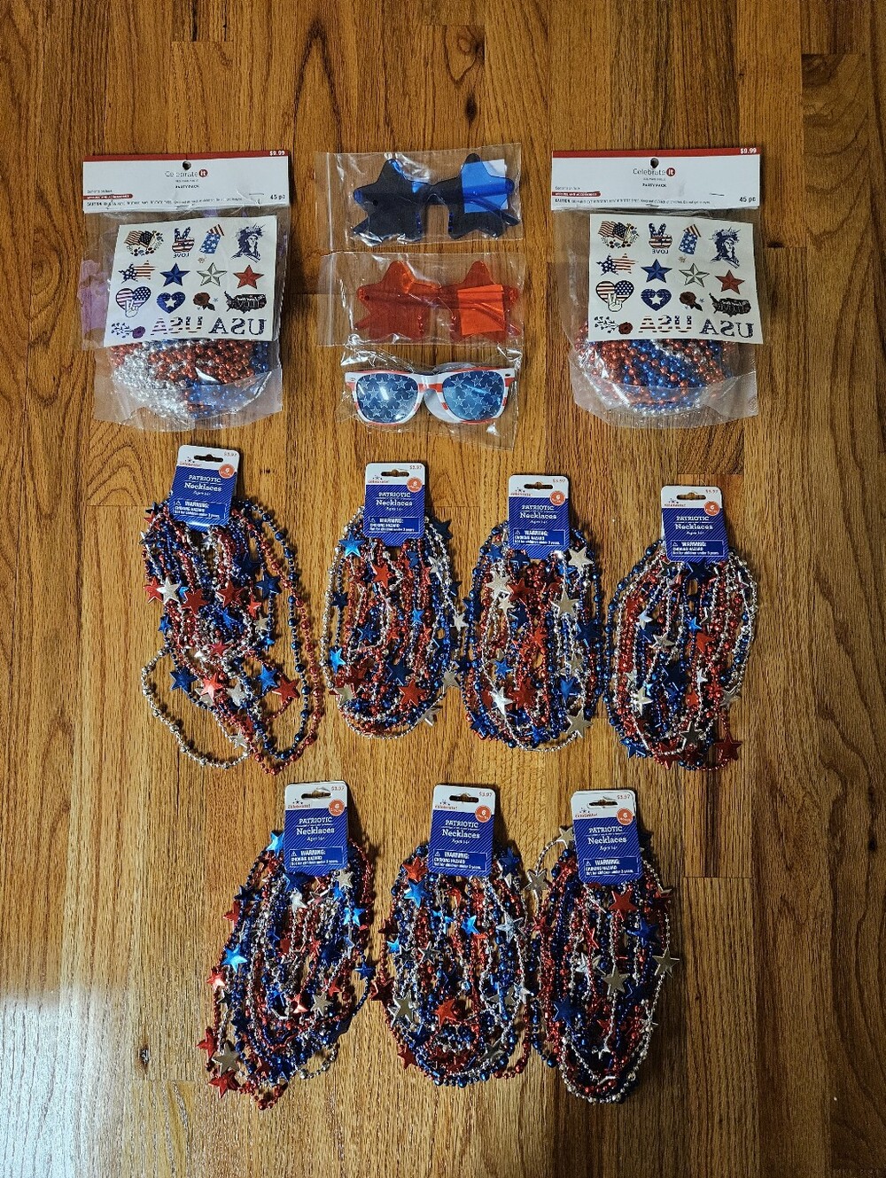 (2) Patriotic Red White Blue Necklaces Party Pack (7) Necklaces (3) Sunglasses